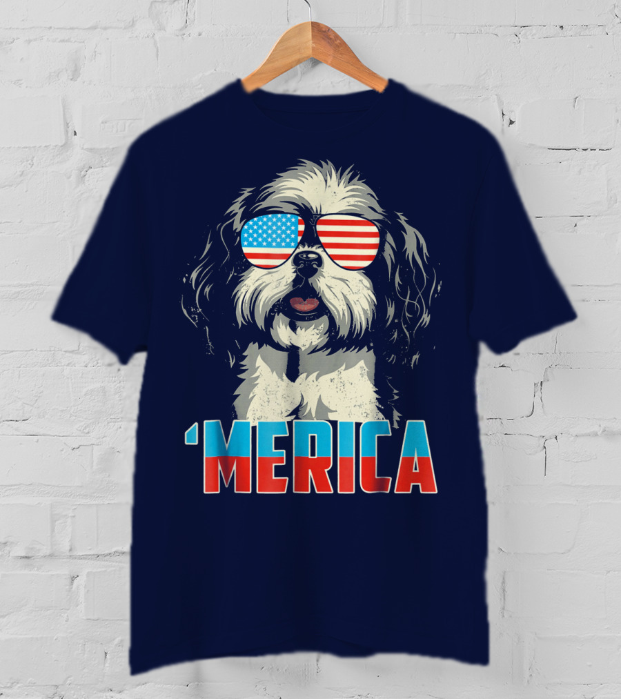 Patriotic Shih Tzu 'Merica With American Flag Sunglasses T-Shirt