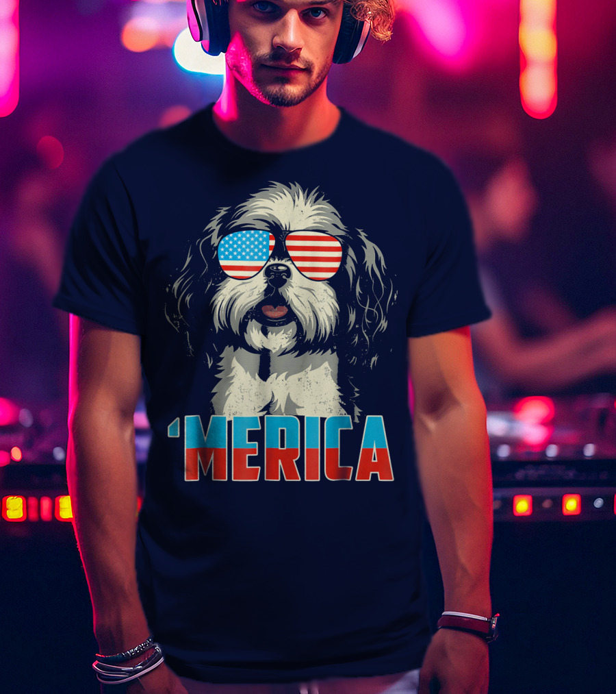 Patriotic Shih Tzu 'Merica With American Flag Sunglasses T-Shirt