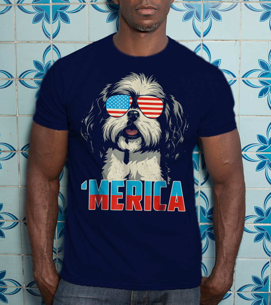 Patriotic Shih Tzu 'Merica With American Flag Sunglasses T-Shirt