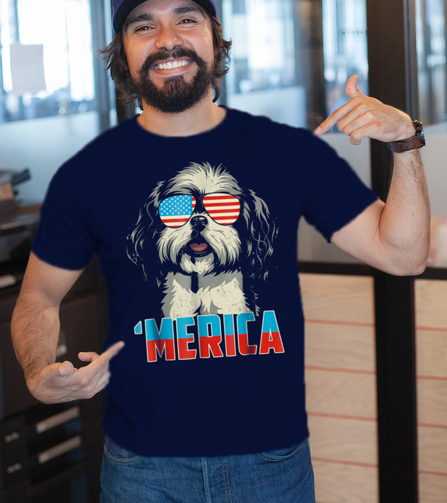 Patriotic Shih Tzu 'Merica With American Flag Sunglasses T-Shirt