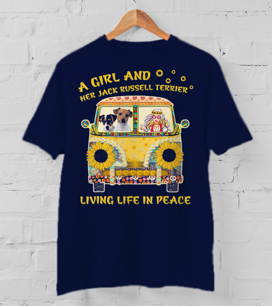 A Girl And Her Jack Russell Terrier Living Life In Peace Hippie Van With Sunflowers T-Shirt