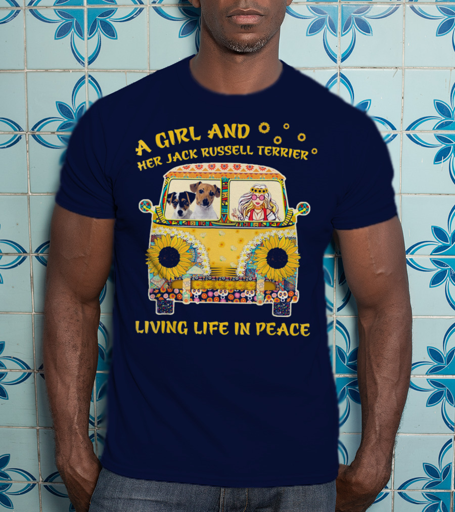 A Girl And Her Jack Russell Terrier Living Life In Peace Hippie Van With Sunflowers T-Shirt