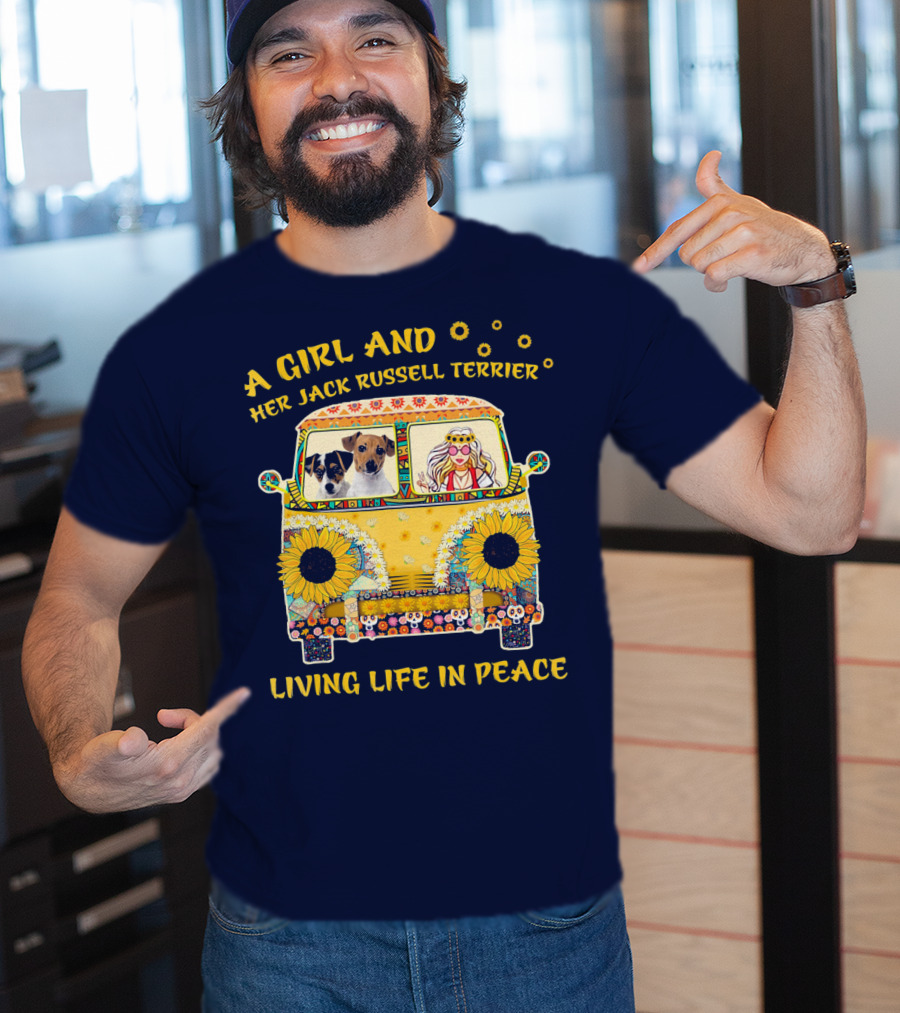 A Girl And Her Jack Russell Terrier Living Life In Peace Hippie Van With Sunflowers T-Shirt