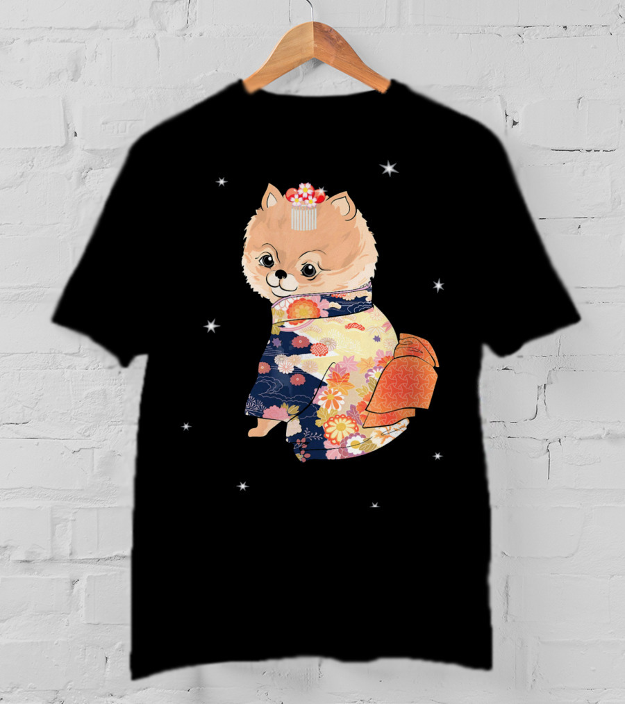 Pomeranian Dog In Floral Kimono With Stars T-Shirt