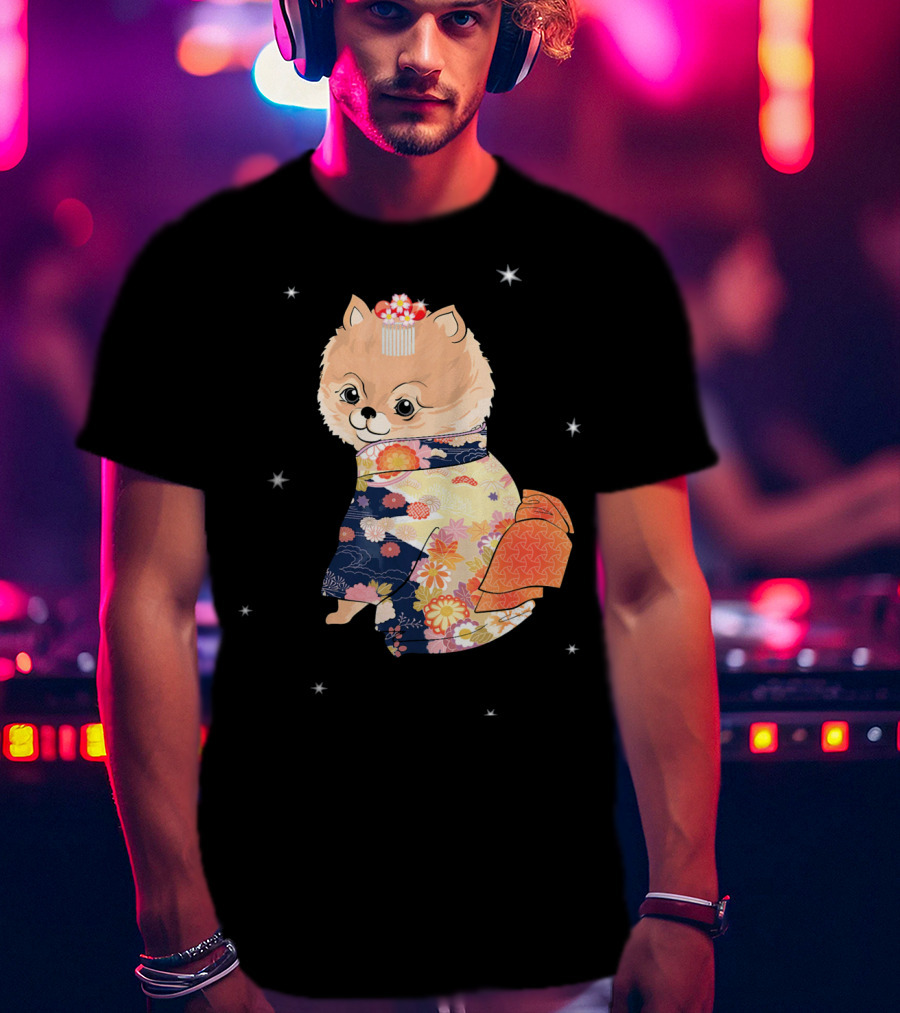 Pomeranian Dog In Floral Kimono With Stars T-Shirt