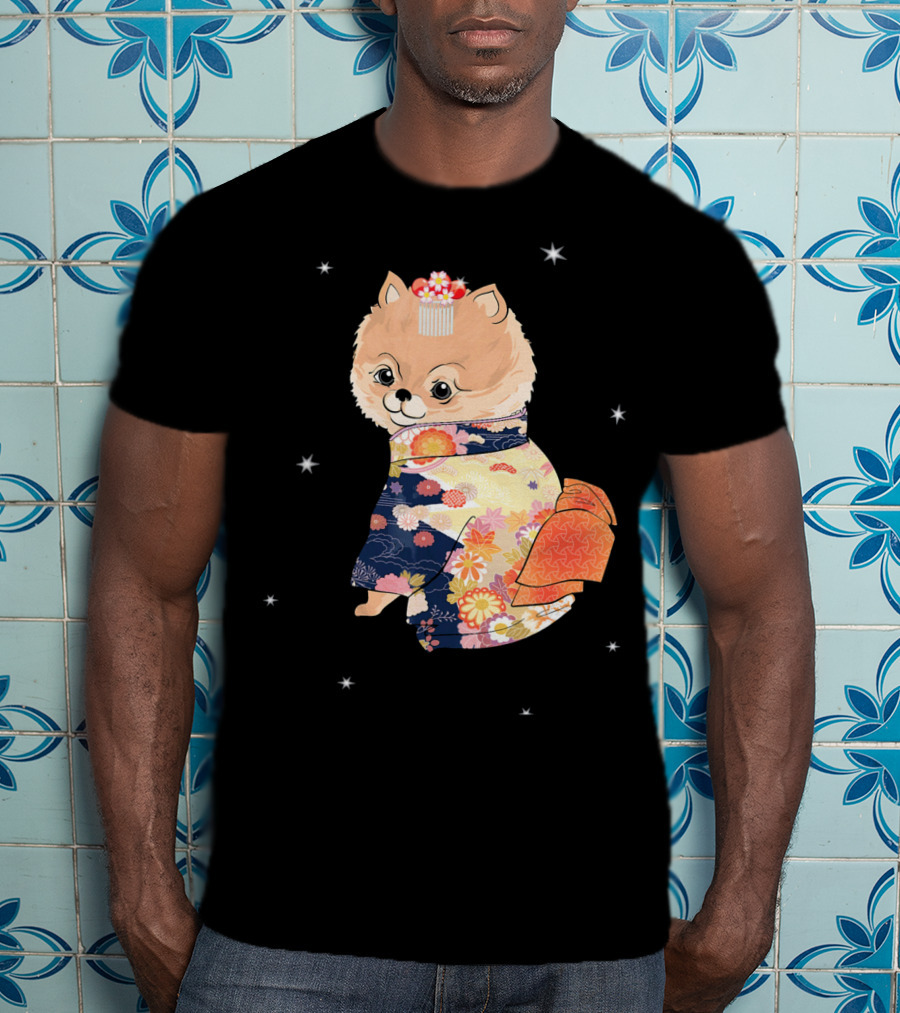 Pomeranian Dog In Floral Kimono With Stars T-Shirt