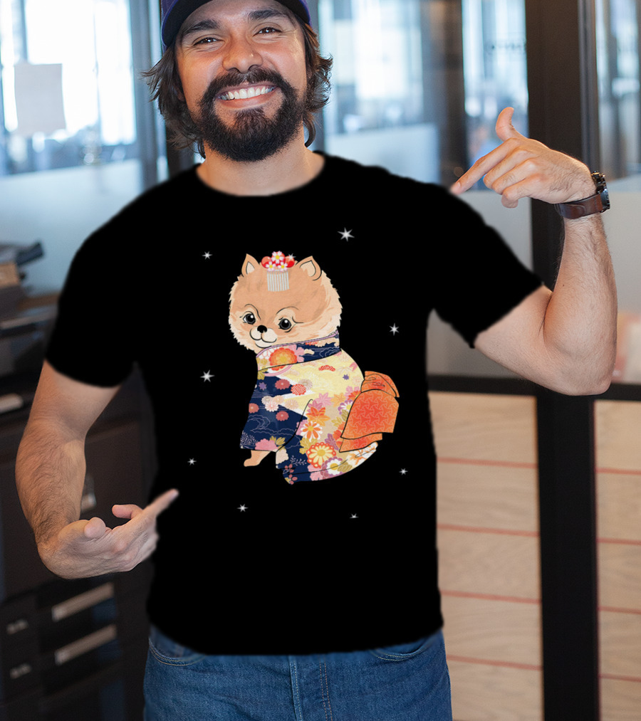 Pomeranian Dog In Floral Kimono With Stars T-Shirt