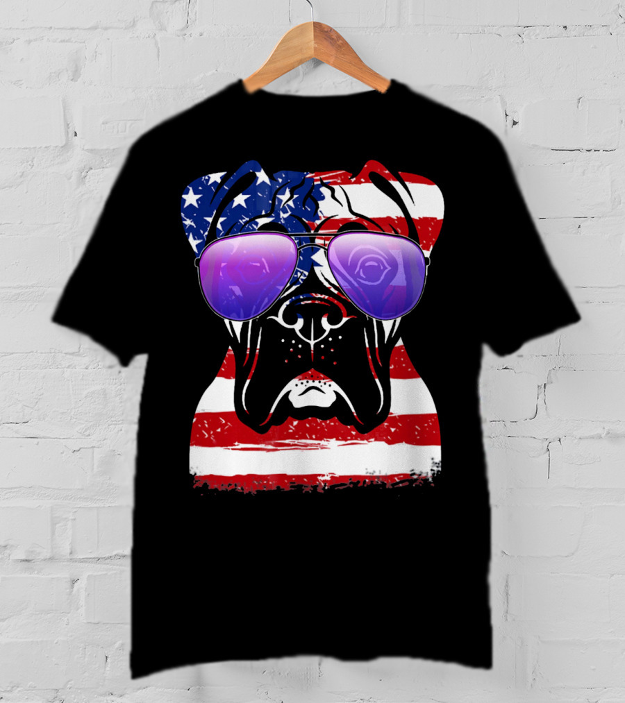 Boxer Dog With American Flag Sunglasses Patriotic T-Shirt