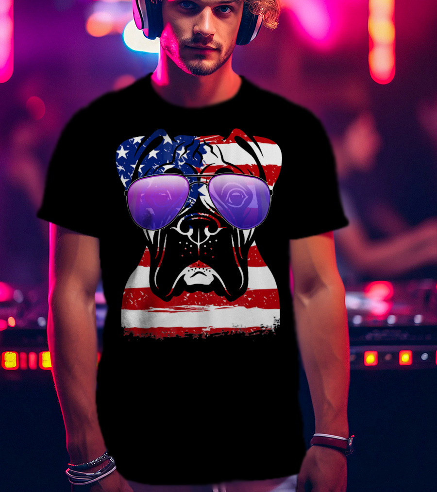 Boxer Dog With American Flag Sunglasses Patriotic T-Shirt