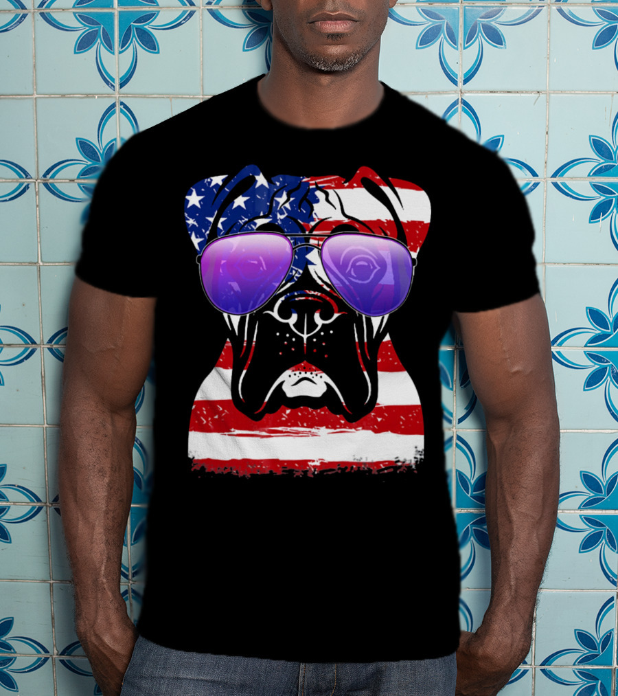 Boxer Dog With American Flag Sunglasses Patriotic T-Shirt