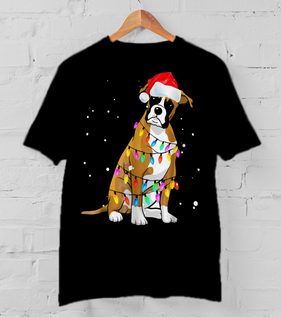 Boxer Dog Wrapped In Christmas Lights With Santa Hat T-Shirt