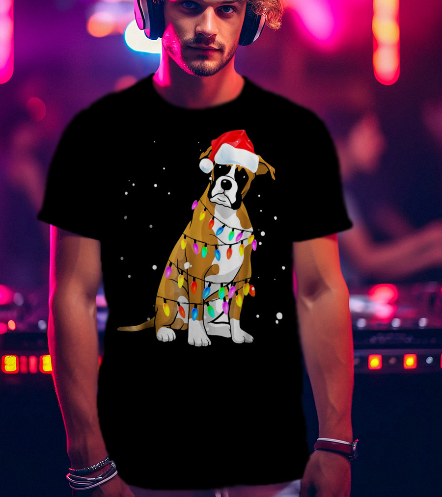 Boxer Dog Wrapped In Christmas Lights With Santa Hat T-Shirt