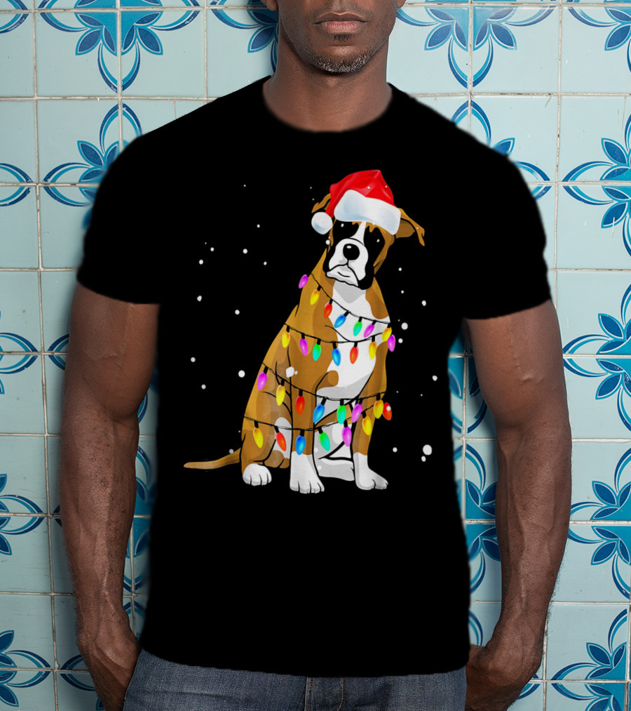 Boxer Dog Wrapped In Christmas Lights With Santa Hat T-Shirt