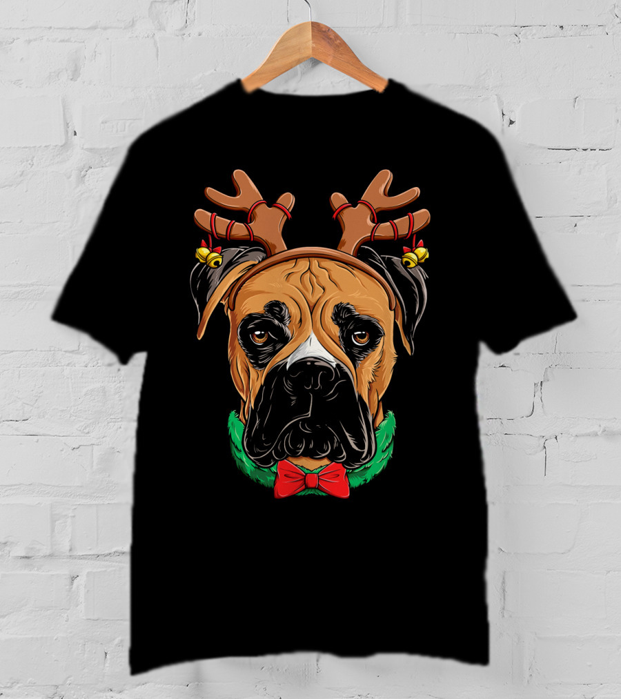 Boxer Dog With Reindeer Antlers Bow Tie Christmas T-Shirt