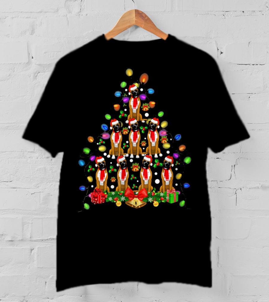 Boxer Dogs In Christmas Tree With Lights And Santa Hats T-Shirt