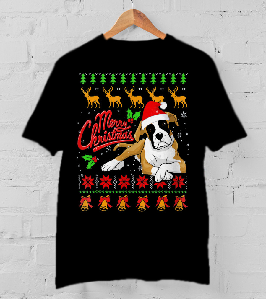 Merry Christmas Boxer Dog Santa Hat Reindeer Snowflakes T-Shirt