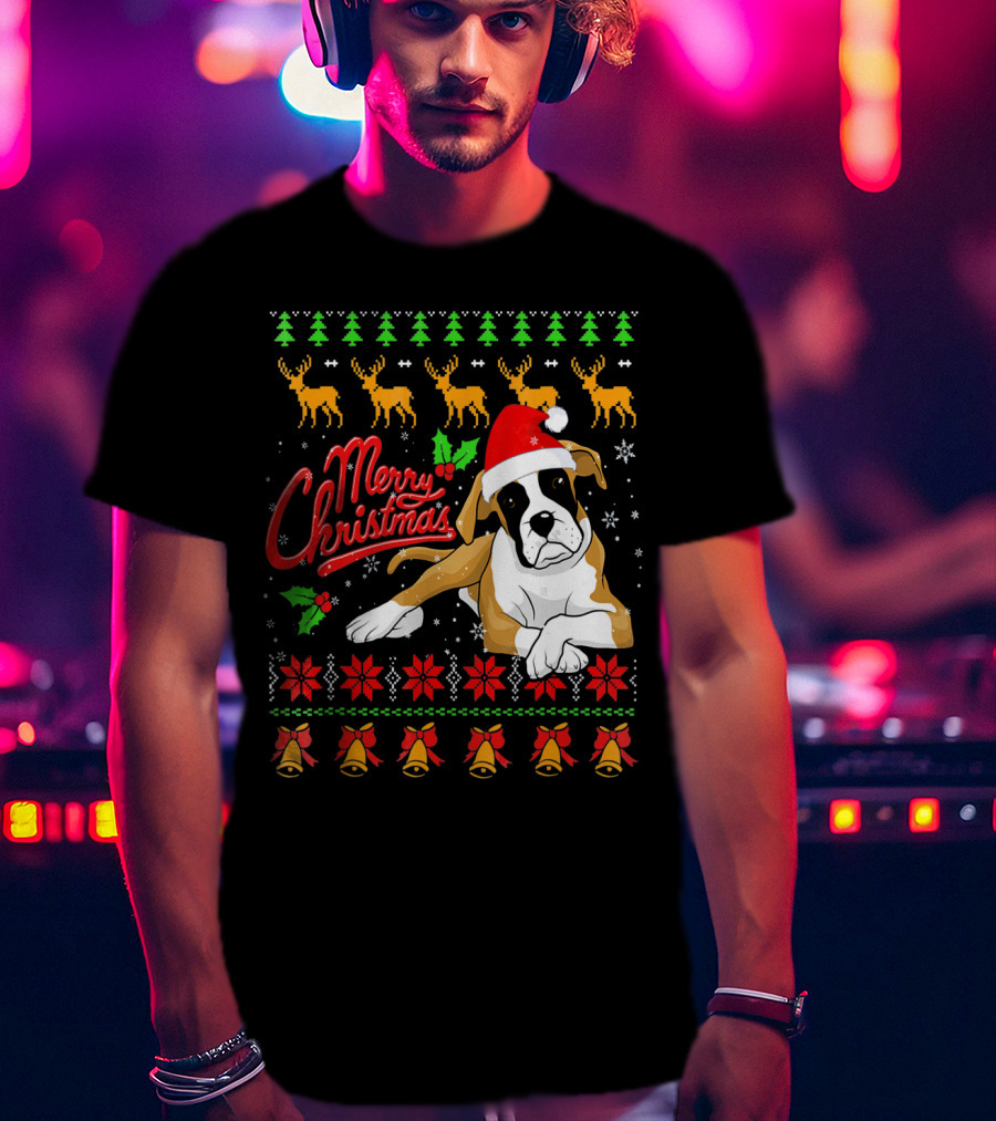Merry Christmas Boxer Dog Santa Hat Reindeer Snowflakes T-Shirt