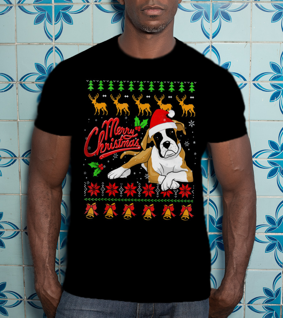 Merry Christmas Boxer Dog Santa Hat Reindeer Snowflakes T-Shirt