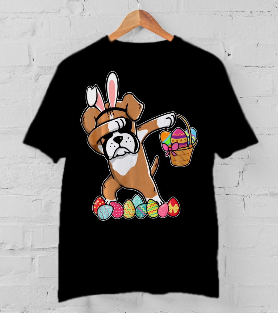 Boxer Dabbing As Easter Bunny With Basket And Eggs T-Shirt