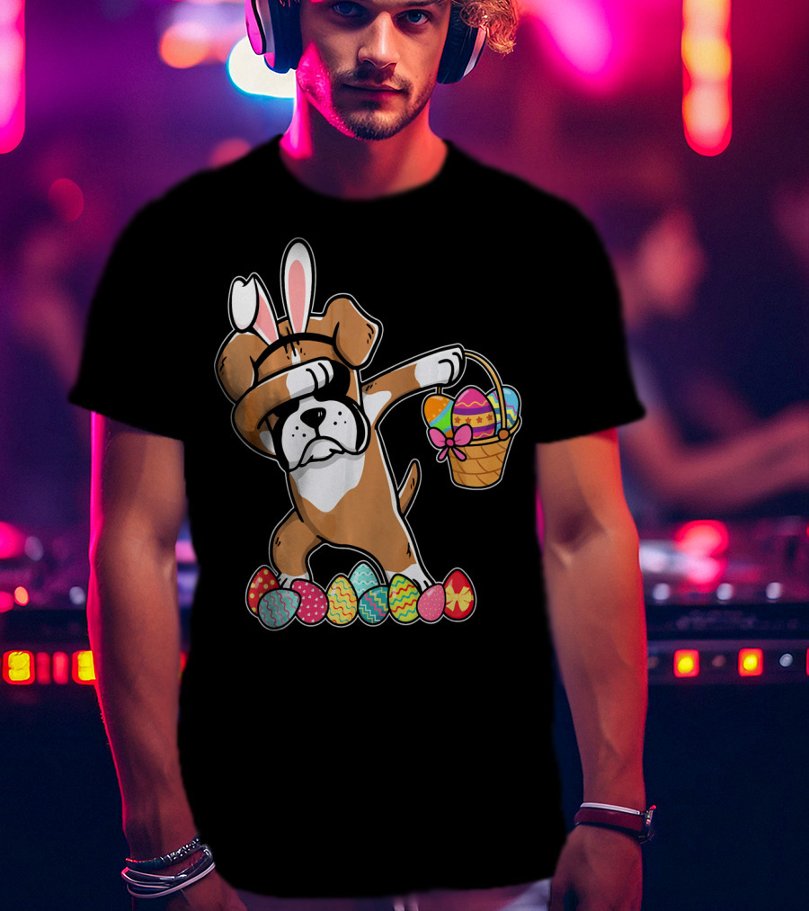 Boxer Dabbing As Easter Bunny With Basket And Eggs T-Shirt