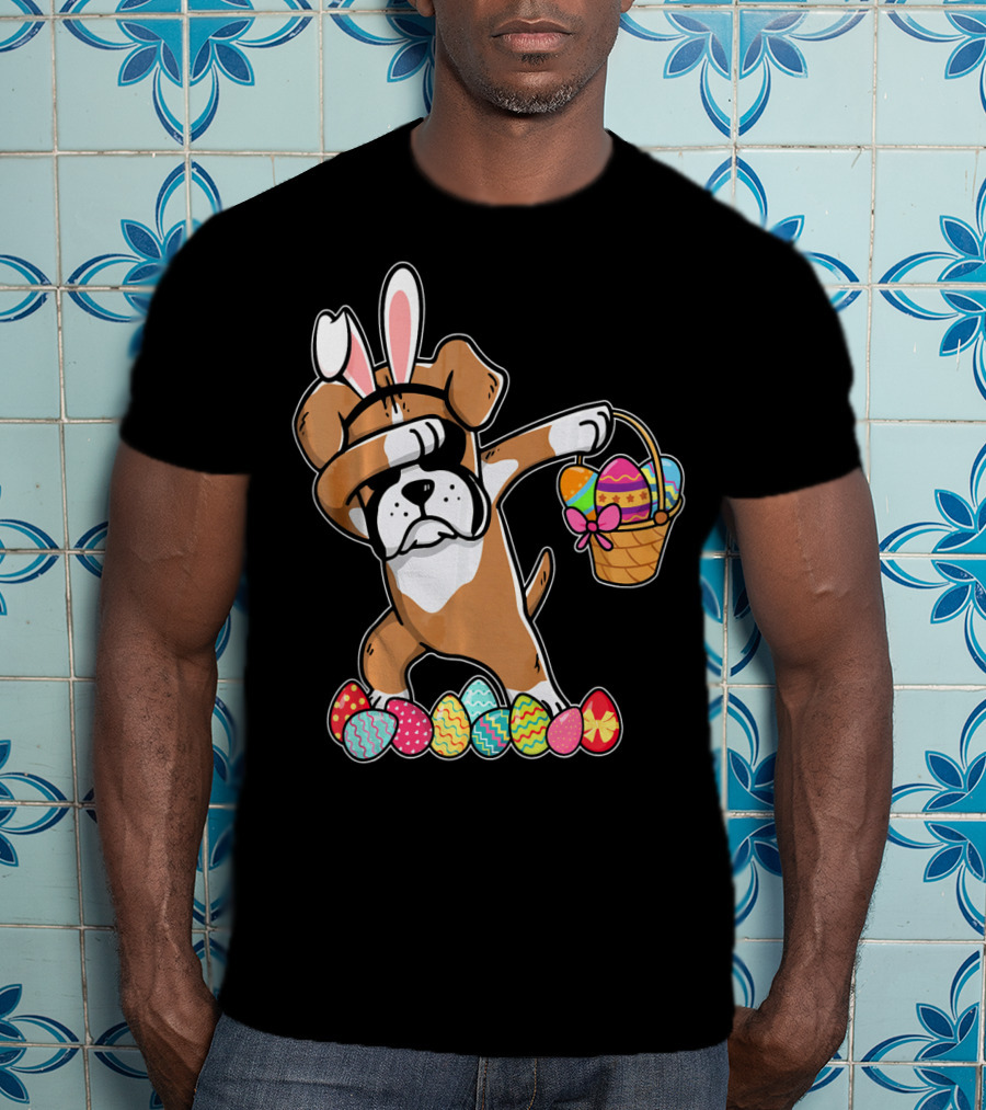 Boxer Dabbing As Easter Bunny With Basket And Eggs T-Shirt