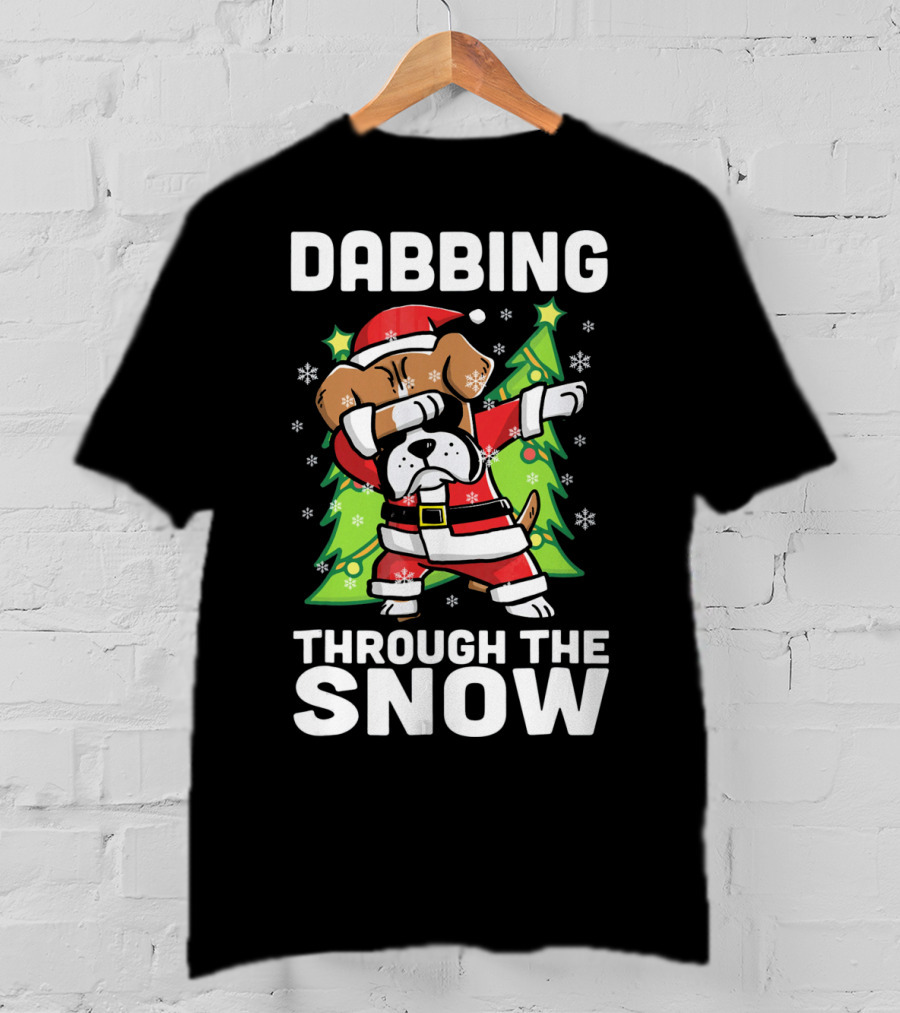 Dabbing Through The Snow Boxer Dog Santa Christmas Snowflakes Pine Trees T-Shirt