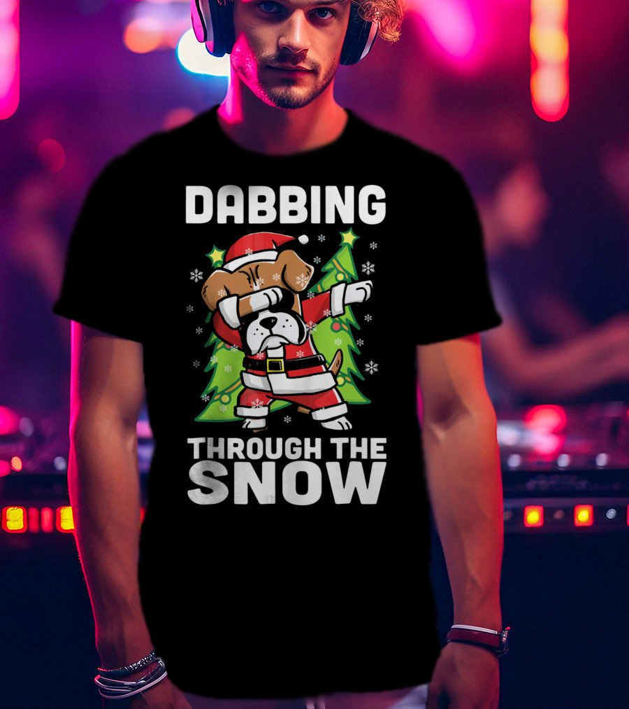 Dabbing Through The Snow Boxer Dog Santa Christmas Snowflakes Pine Trees T-Shirt