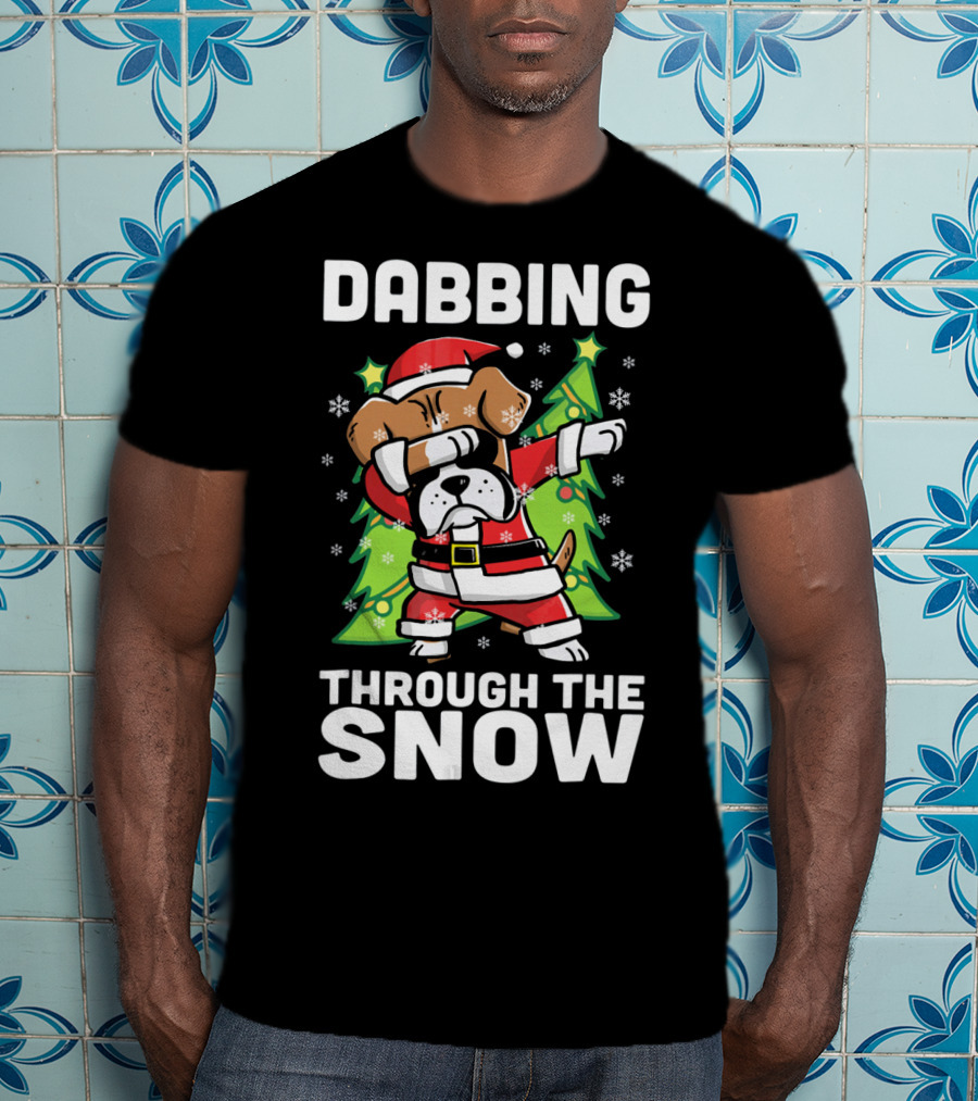 Dabbing Through The Snow Boxer Dog Santa Christmas Snowflakes Pine Trees T-Shirt