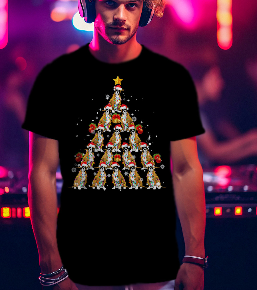 Boxer Dog Christmas Tree With Santa Hats And Lights T-Shirt