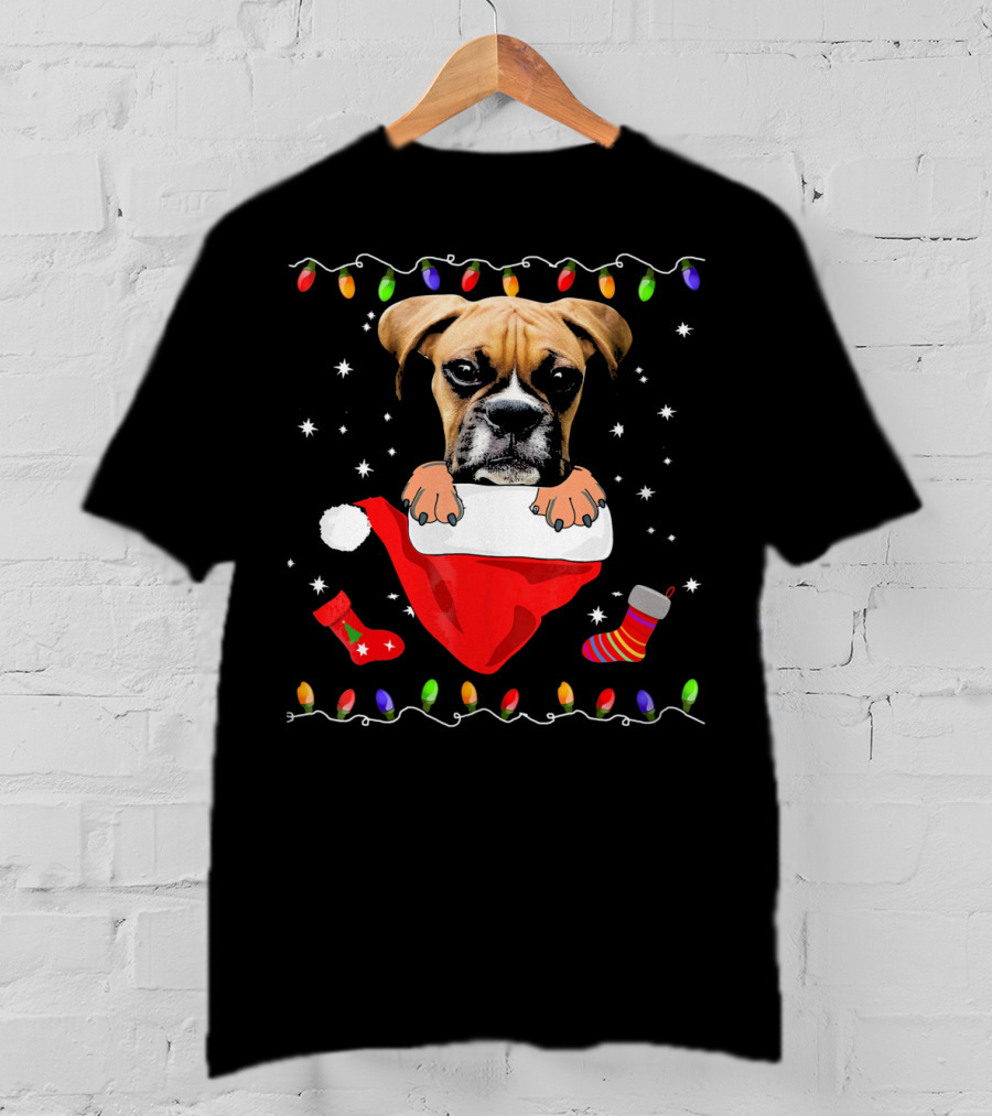 Festive Boxer Dog Christmas With Santa Hat And Holiday Lights T-Shirt