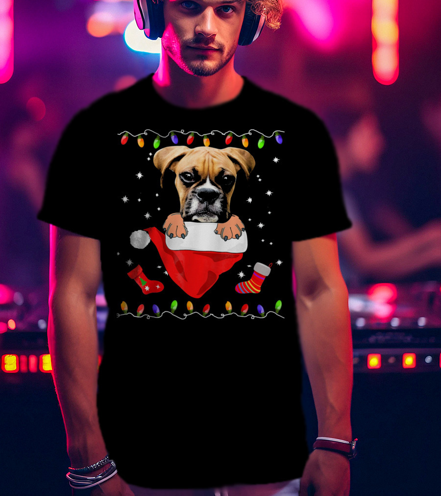 Festive Boxer Dog Christmas With Santa Hat And Holiday Lights T-Shirt