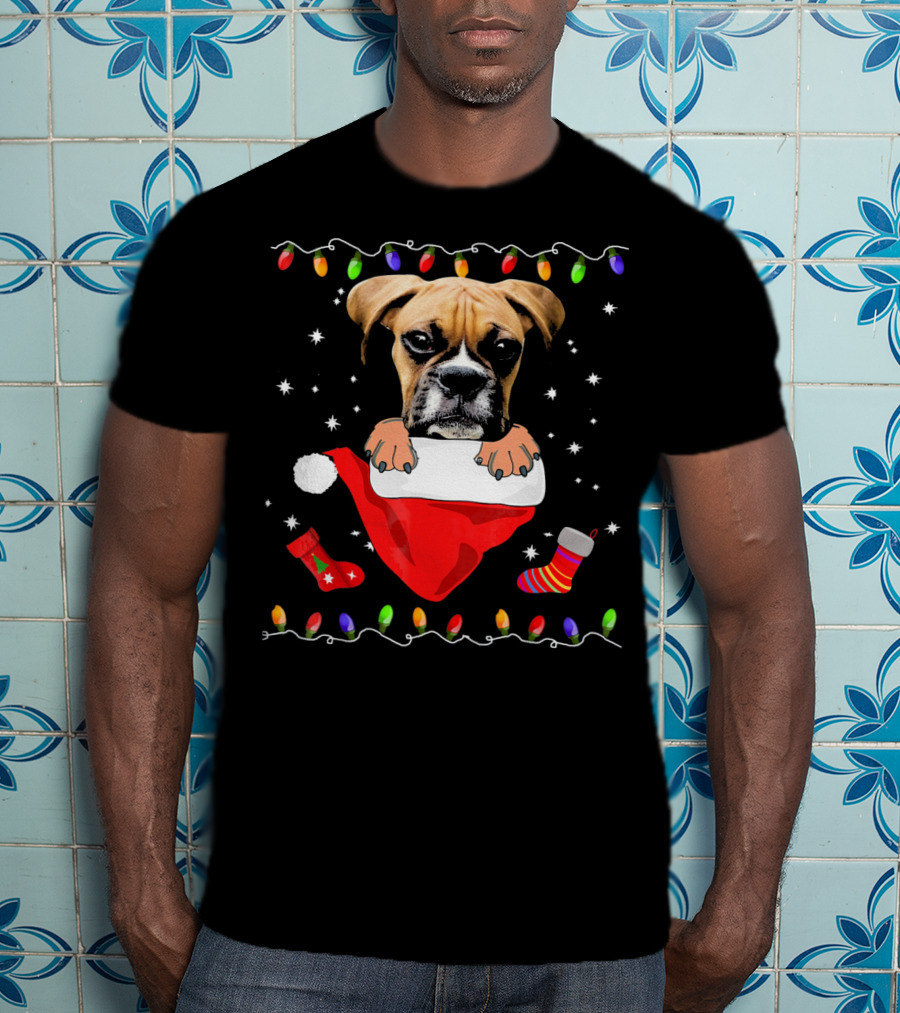Festive Boxer Dog Christmas With Santa Hat And Holiday Lights T-Shirt