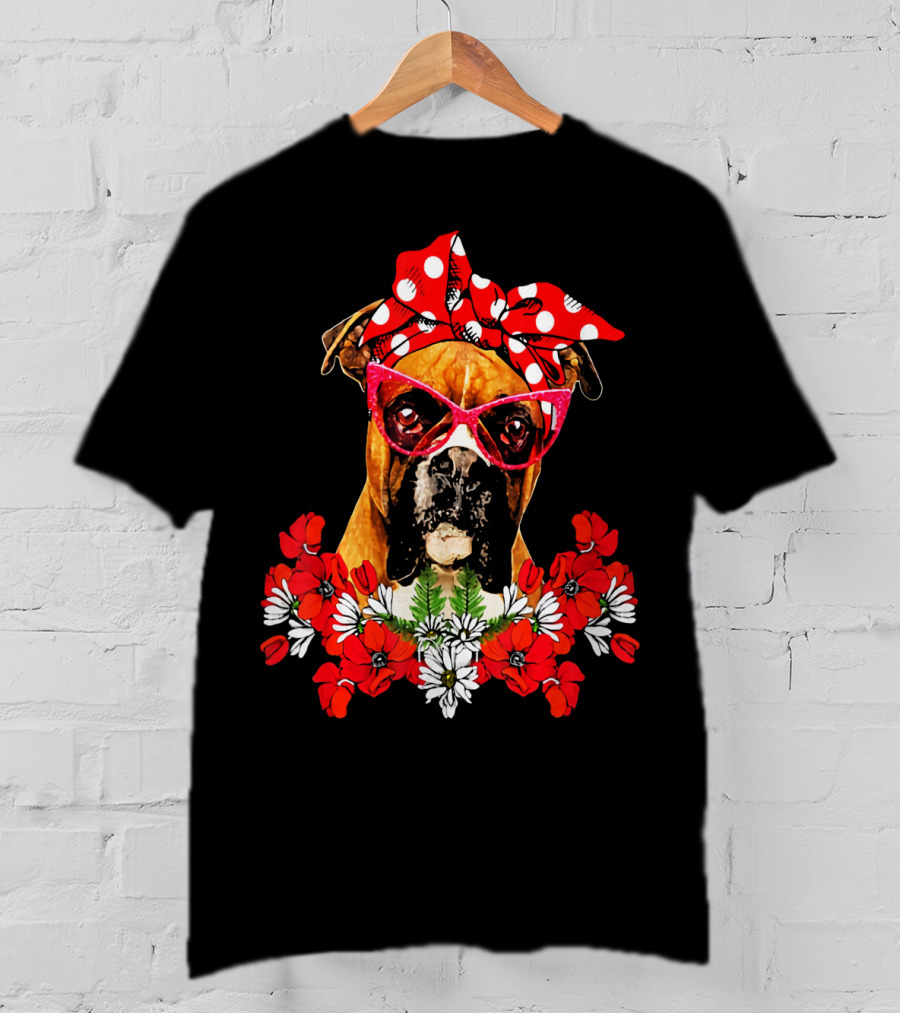 Boxer Dog Moms Red Polka Dot Bow Mixed Flower Arrangement T-Shirt