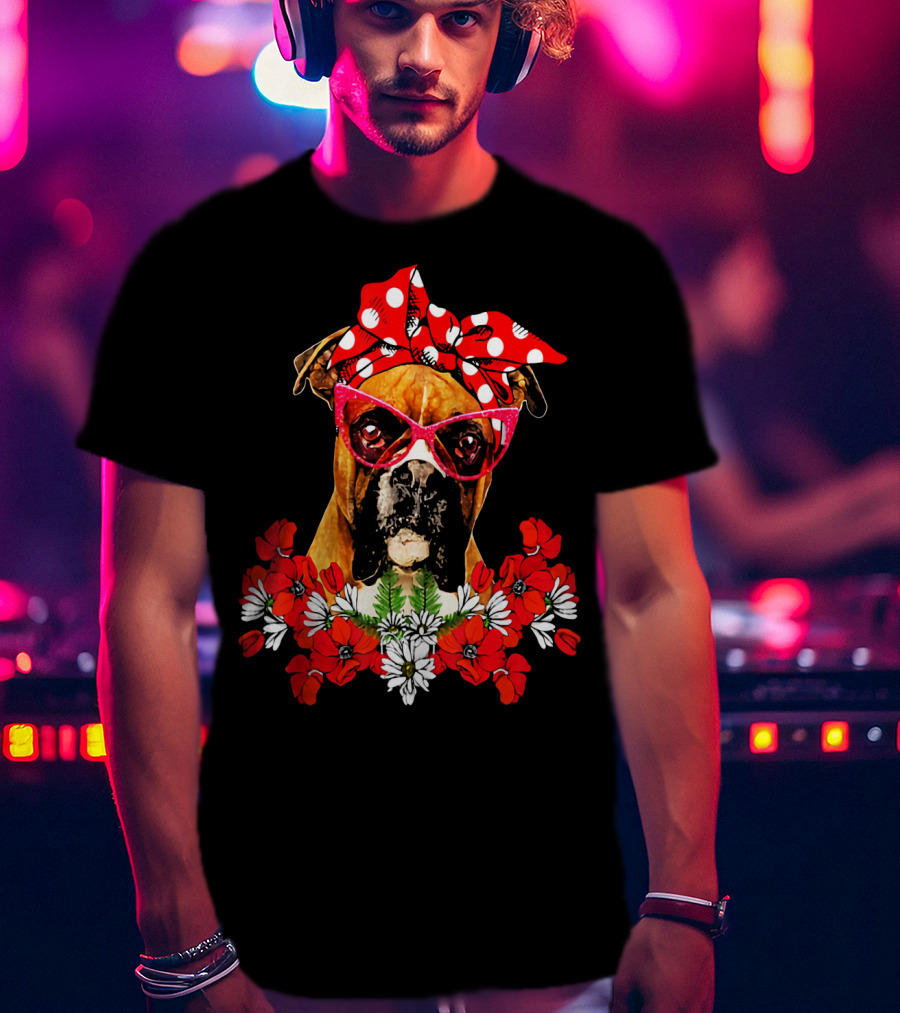 Boxer Dog Moms Red Polka Dot Bow Mixed Flower Arrangement T-Shirt