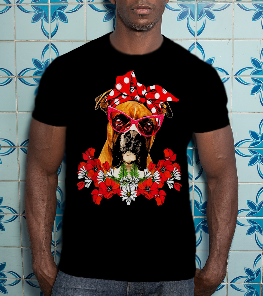 Boxer Dog Moms Red Polka Dot Bow Mixed Flower Arrangement T-Shirt