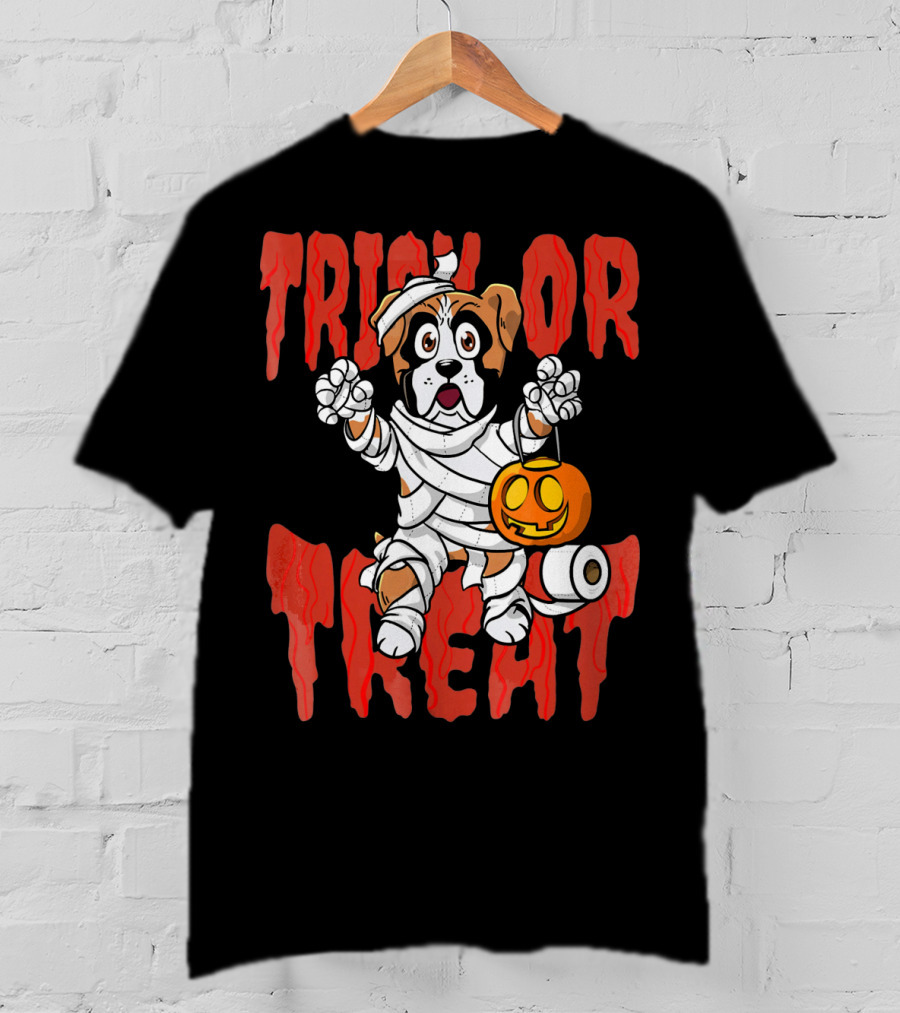 Trick Or Treat Boxer Dog Mummy With Pumpkin And Toilet Paper Rolls T-Shirt