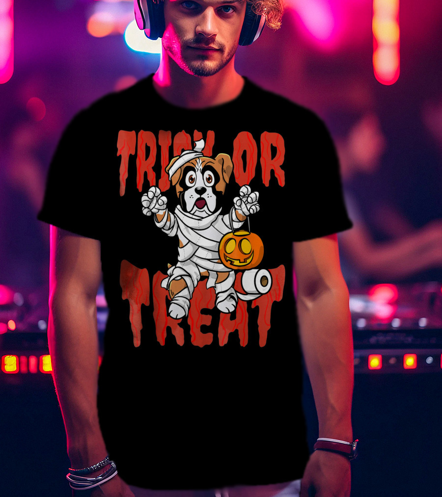 Trick Or Treat Boxer Dog Mummy With Pumpkin And Toilet Paper Rolls T-Shirt