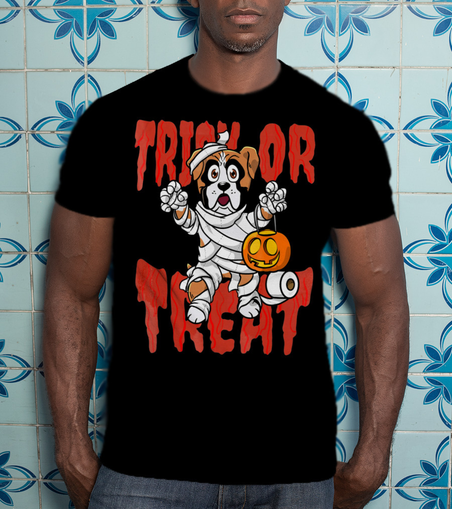 Trick Or Treat Boxer Dog Mummy With Pumpkin And Toilet Paper Rolls T-Shirt