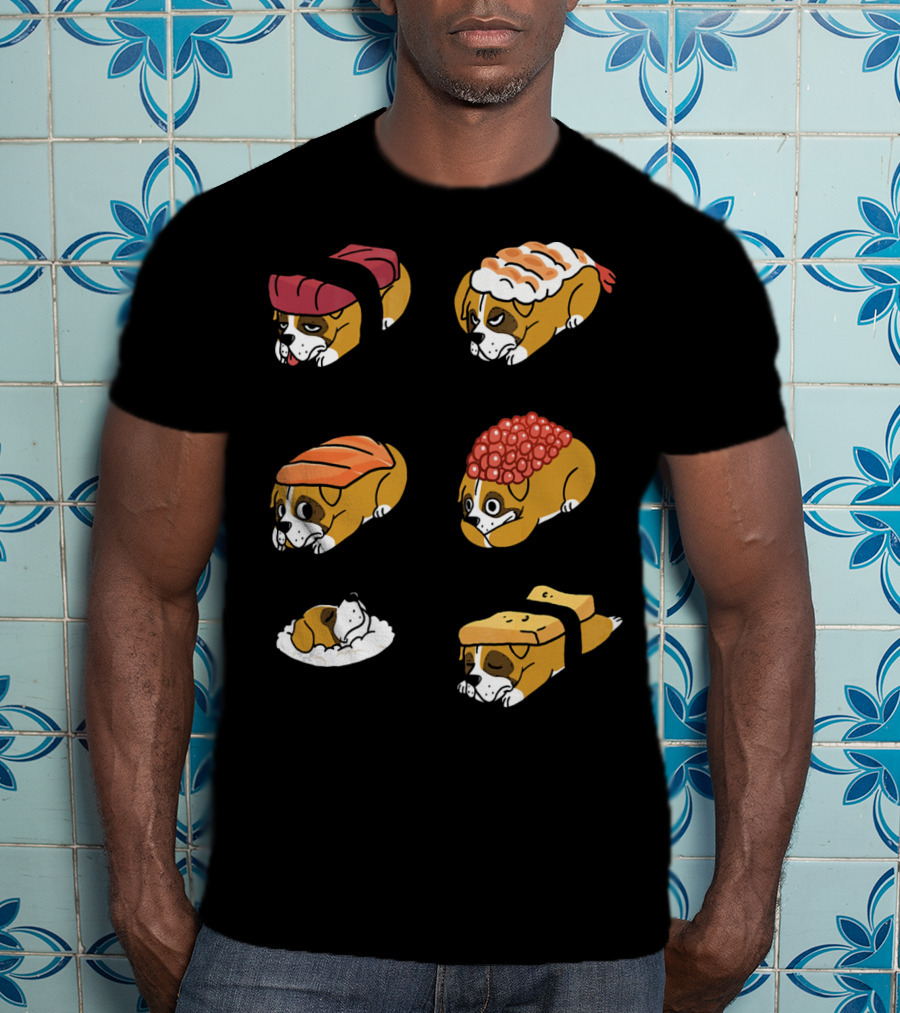 Boxer Dog Nigiri Sushi Funny Dog Boxer Sushi Roll Humor Nigiri Boxer Pups Sushi Styled Boxer Dogs T-Shirt