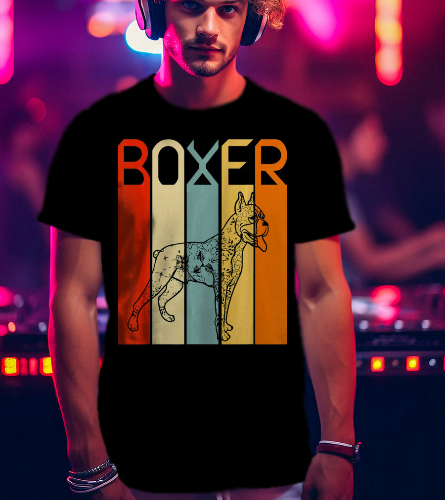 Boxer Dog Retro Stripes Outline T-Shirt