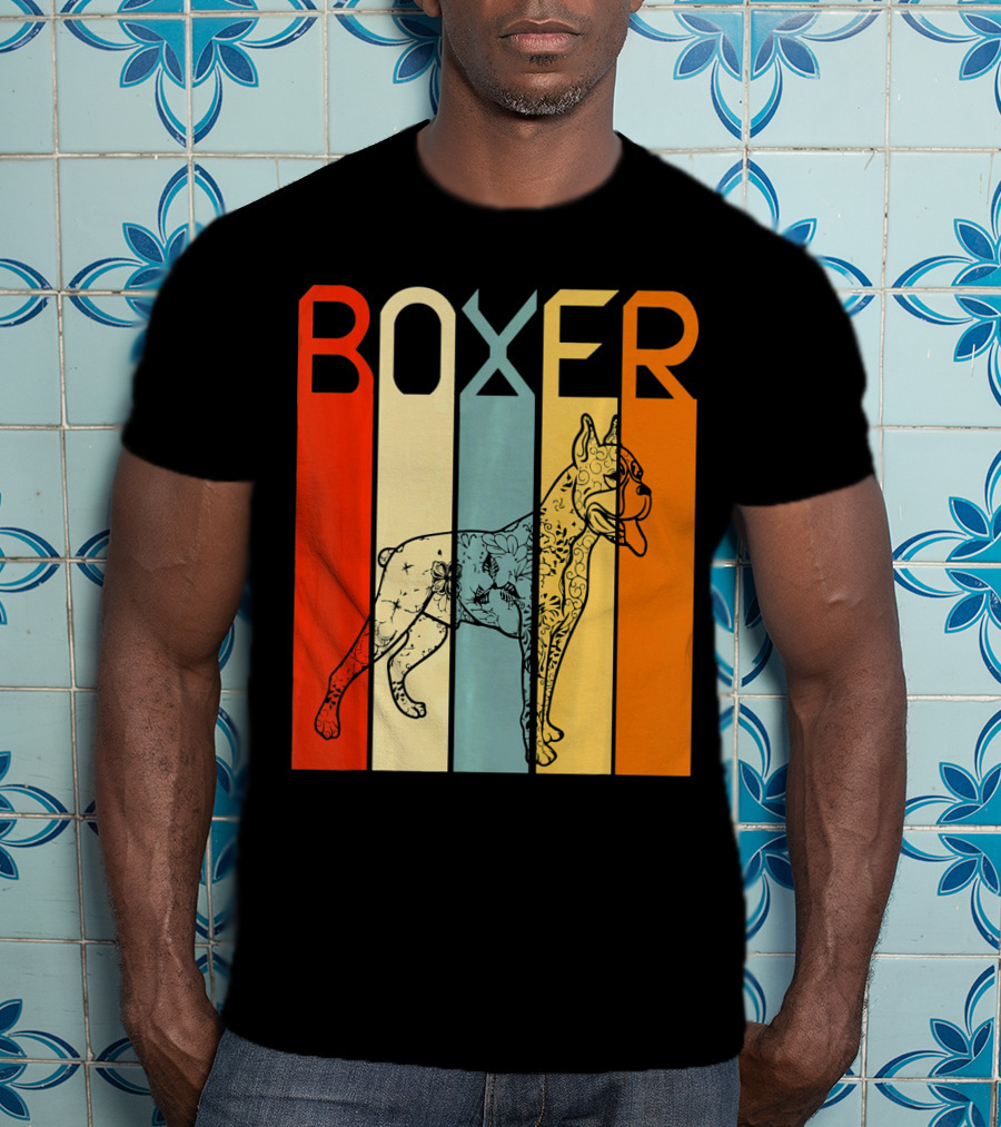 Boxer Dog Retro Stripes Outline T-Shirt
