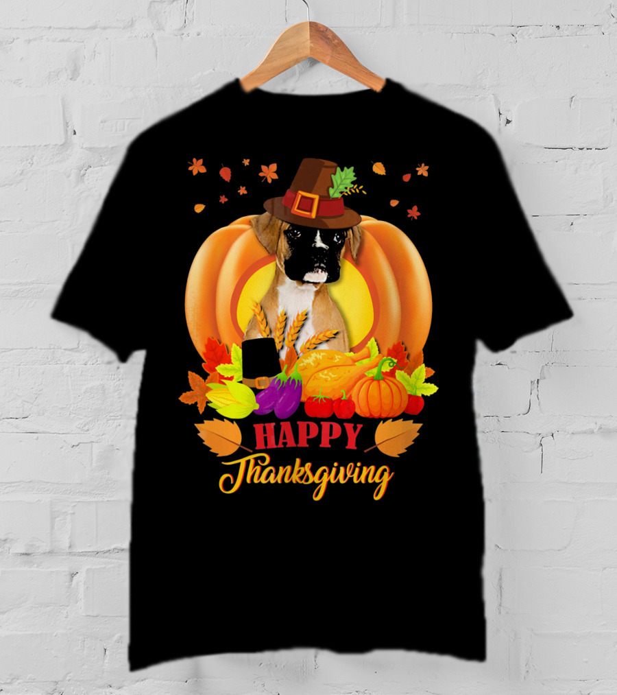 Boxer Dog In Pilgrim Hat Happy Thanksgiving Pumpkin Harvest T-Shirt