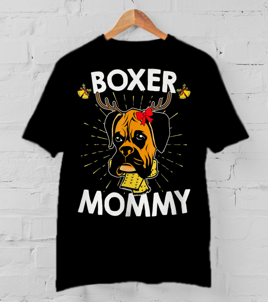 Boxer Mommy Reindeer Antlers Christmas Lights Bow Scarf Dog T-Shirt