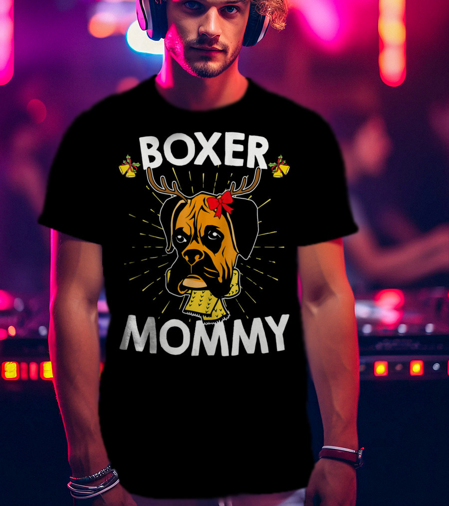 Boxer Mommy Reindeer Antlers Christmas Lights Bow Scarf Dog T-Shirt