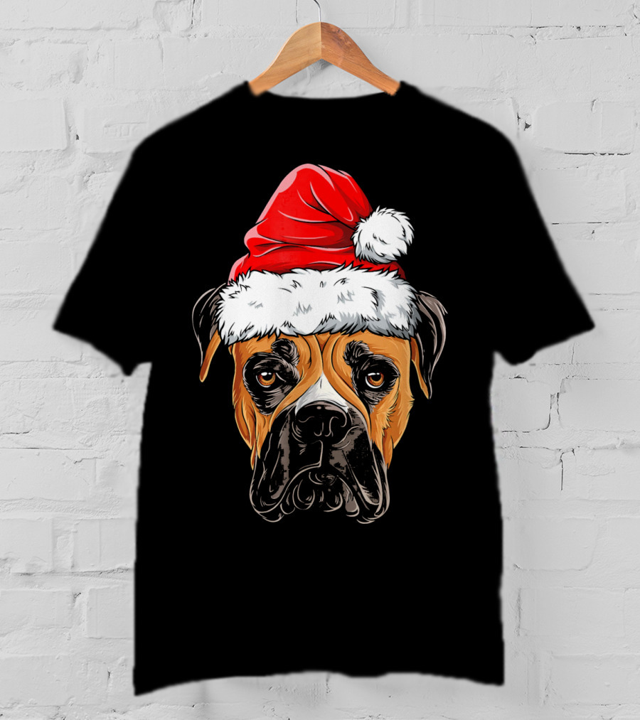Boxer Dog Wearing Santa Hat T-Shirt
