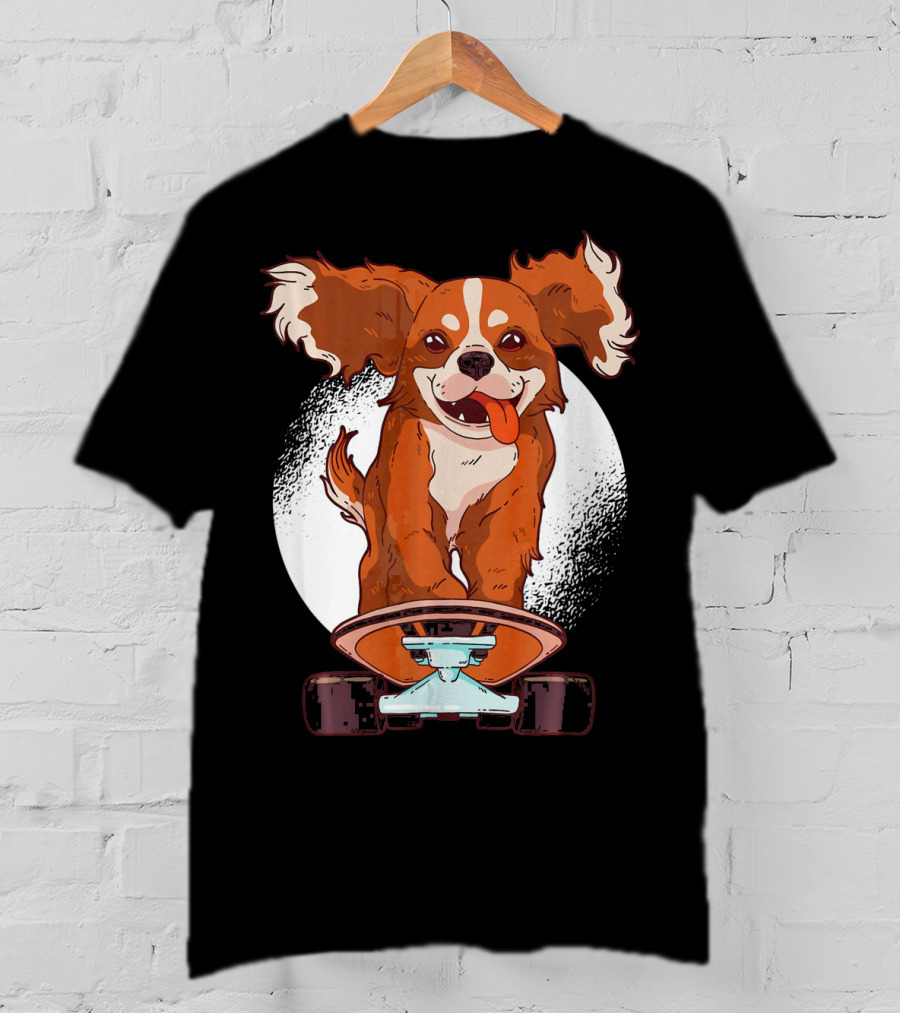Cavalier Dog On Skateboard With Happy Expression And Energetic Pose T-Shirt