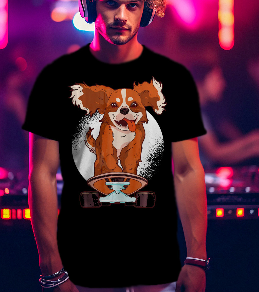 Cavalier Dog On Skateboard With Happy Expression And Energetic Pose T-Shirt
