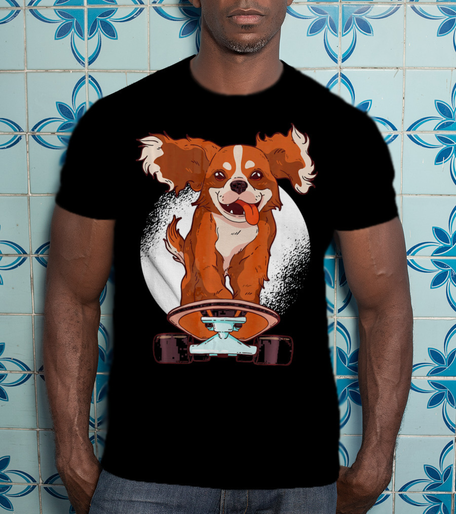 Cavalier Dog On Skateboard With Happy Expression And Energetic Pose T-Shirt