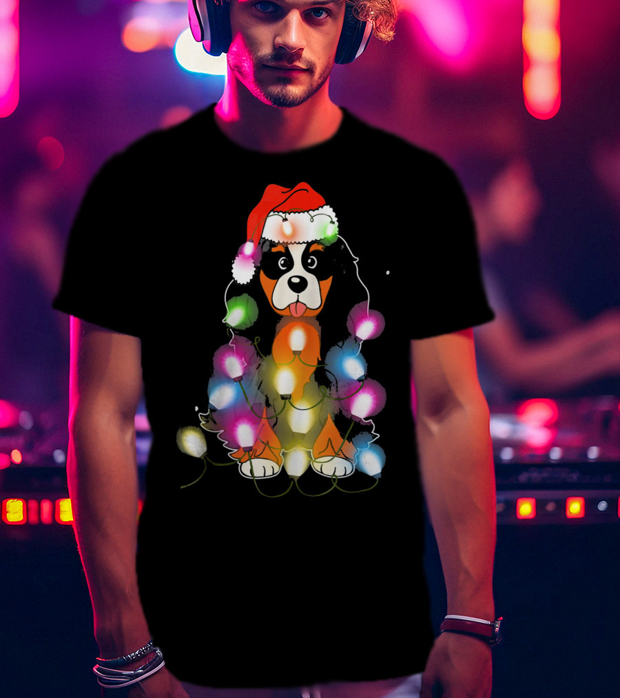 Cavalier King Charles Spaniel Festive Christmas Lights With Santa Hat T-Shirt