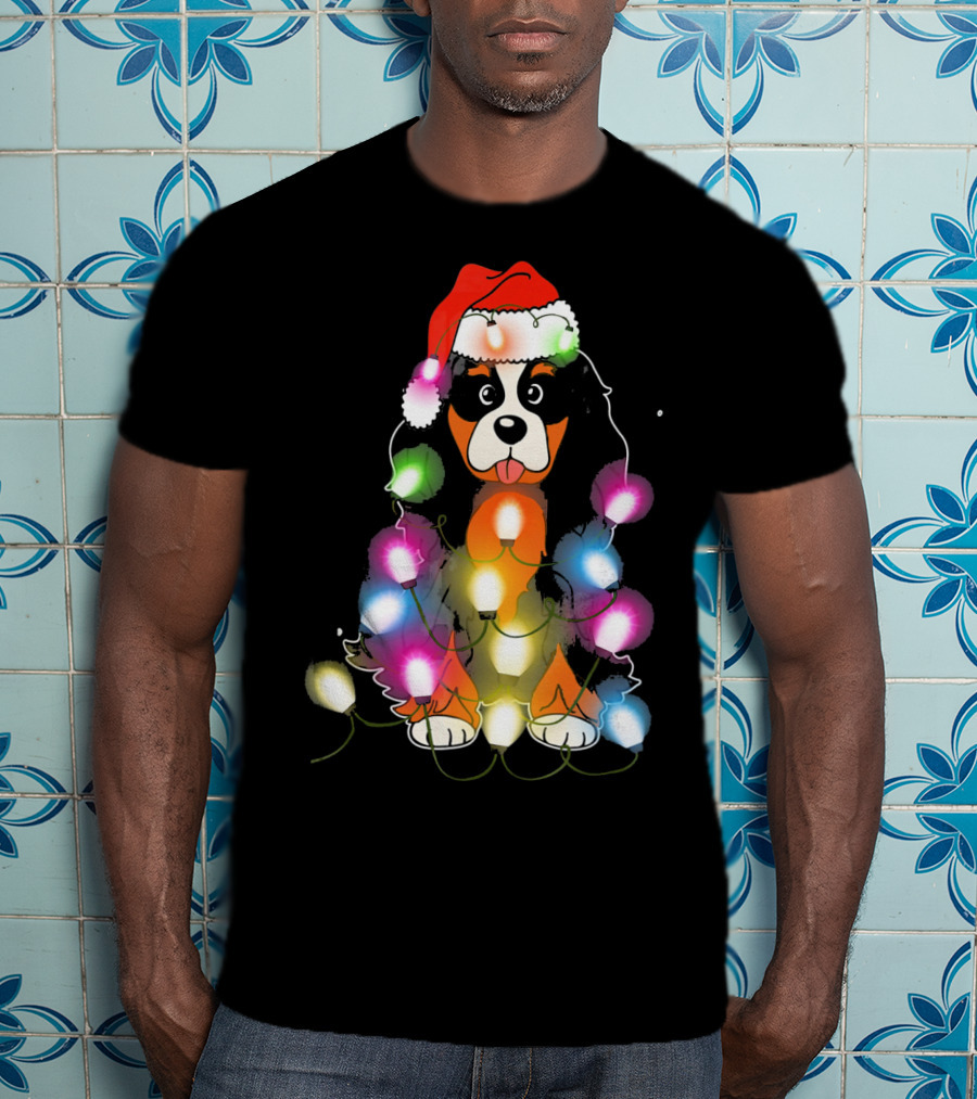 Cavalier King Charles Spaniel Festive Christmas Lights With Santa Hat T-Shirt